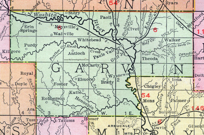 Garvin County, Oklahoma 1911 Map, Rand McNally, Pauls Valley, Wynnewood, Lindsay, Maysville, Purdy, Erin Springs, Antioch, Elmore City, Hennepin, Paoli, Stratford, Foster, McCarty