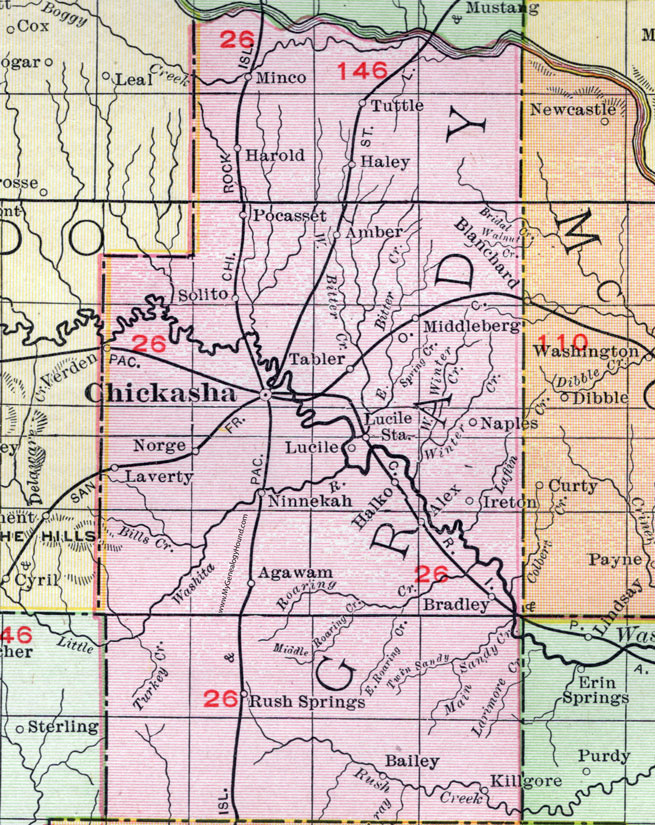 Grady County, Oklahoma 1911 Map, Rand McNally, Chickasha, Rush Springs, Minco, Tuttle, Pocasset, Amber, Verden, Norge, Agawam, Ninnekah, Tabler, Alex, Bradley, Middleburg