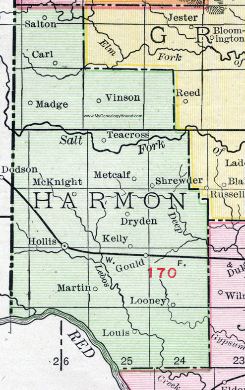 Harmon County, Oklahoma 1911 Map, Rand McNally, Hollis, Gould, McKnight, Carl, Dryden, Kelly, Looney, Louis, Madge, Martin, Metcalf, Salton, Shrewder, Teacross, Vinson