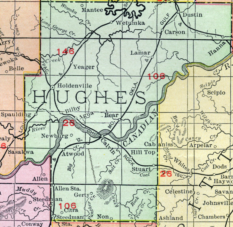 Hughes County, Oklahoma 1911 Map, Rand McNally, Holdenville, Wetumka, Dustin, Yeager, Stuart, Gerty, Bilby, Atwood, Calvin, Lamar, Newburg, Steedman, Mantee 