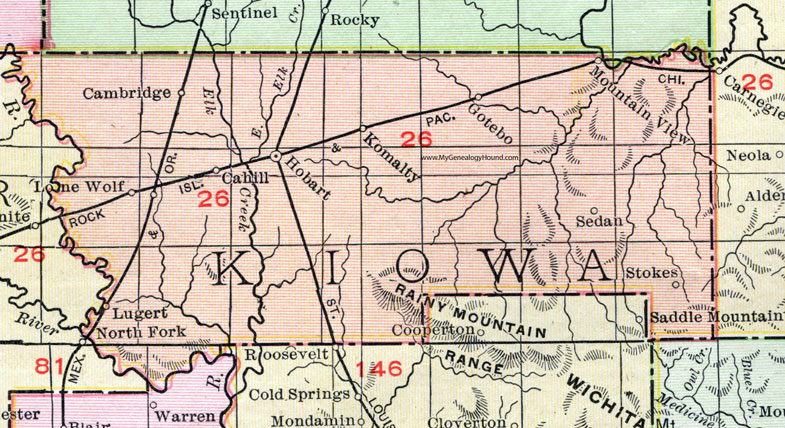 Kiowa County, Oklahoma 1911 Map, Rand McNally, Hobart, Lone Wolf, Mountain View, Gotebo, Komalty, Sedan, Stokes, Lugert, Cahill, Cambridge