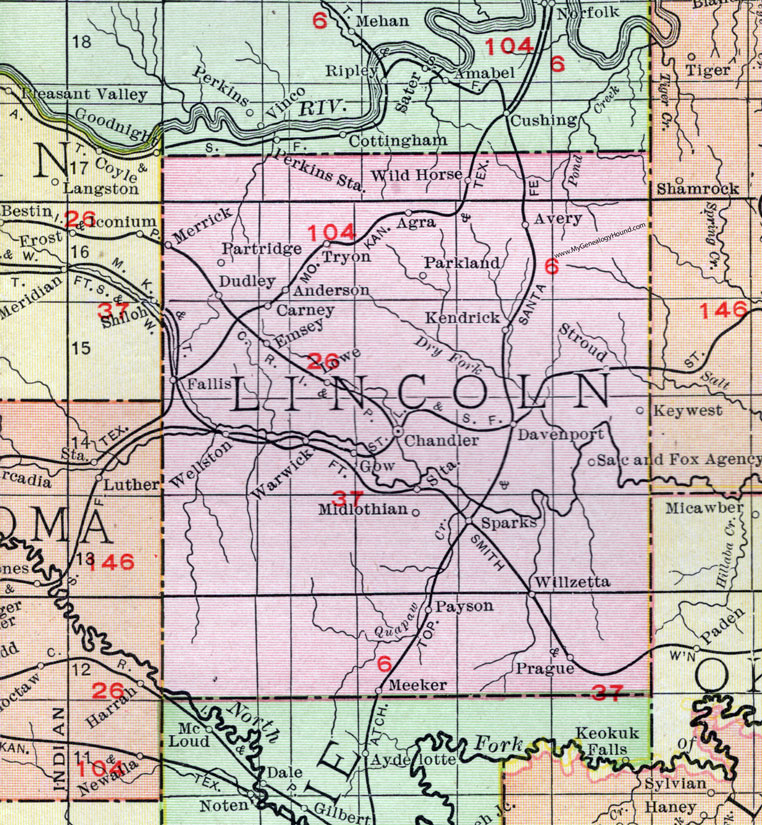 Lincoln County, Oklahoma 1911 Map, Rand McNally, Chandler, Prague, Stroud, Davenport, Sparks, Meeker, Wellston, Agra, Avery, Tryon, Carney, Kendrick, Dudley, Willzetta, Wild Horse