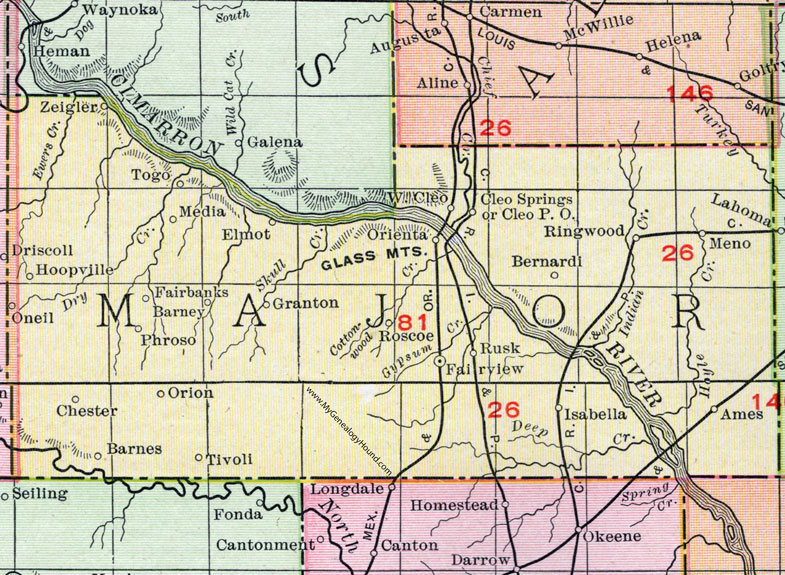 Major County, Oklahoma 1911 Map, Rand McNally, Fairview, Cleo Springs, Ringwood, Chester, Meno, Ames, Isabella, Orienta, Orion, Benardi, Togo, Hoopville, Phroso, Tivoli