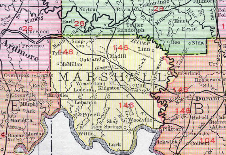 Marshall County, Oklahoma 1911 Map, Rand McNally, Madill, Kingston, Lebanon, Powell, Cumberland, Weaverton, Simpson, Linn, Kinlock, Aylesworth, Isom Springs, Shay, Willis, Woodville