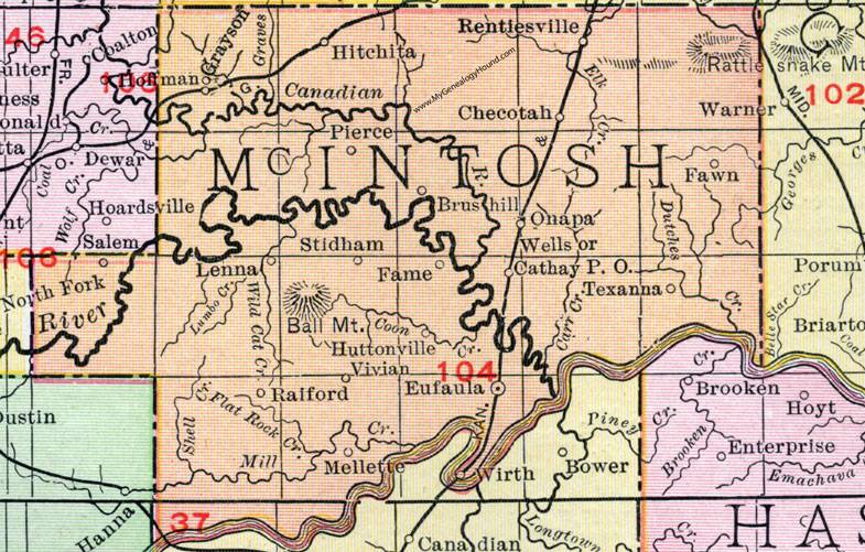 McIntosh County, Oklahoma 1911 Map, Rand McNally, Eufaula, Checotah, Rentiesville, Hitchita, Stidham, North Fork, Texanna, Cathay, Onapa, Raiford, Huttonville, Mellette, Wirth, Grayson, Pierce