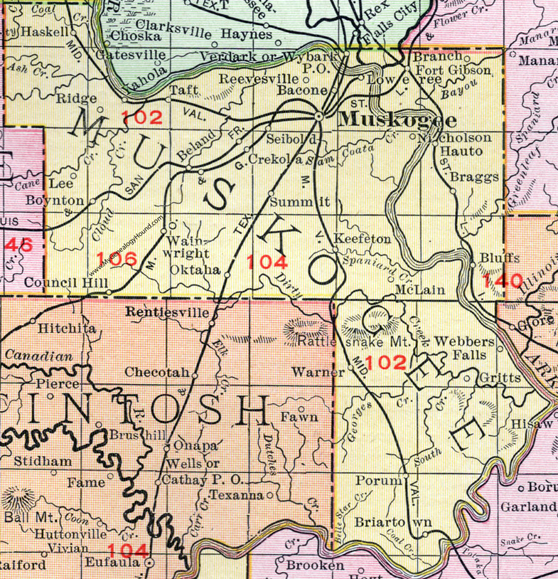 Muskogee County, Oklahoma 1911 Map, Rand McNally, Muskogee City, Haskell, Taft, Oktaha, Keefeton, Warner, Webbers Falls, Porum, Briartown, Braggs, Summit, Boynton, Wainwright, Council Hill