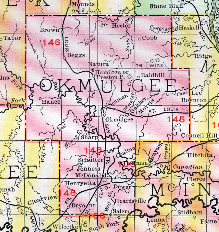 Okmulgee County, Oklahoma, 1911, Map, Rand McNally, Okmulgee City, Henryetta, Morris, Schulter, Dewar, Hoffman, Beggs, Preston, Hance, Hector, Gaither, Jenness, McDonald 