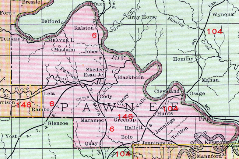 Pawnee County, Oklahoma 1911 Map, Rand McNally, Pawnee City, Cleveland, Ralston, Skedee, Maramec, Jennings, Hallett, Terlton, Blackburn, Quay, Masham, Jobes, Rambo
