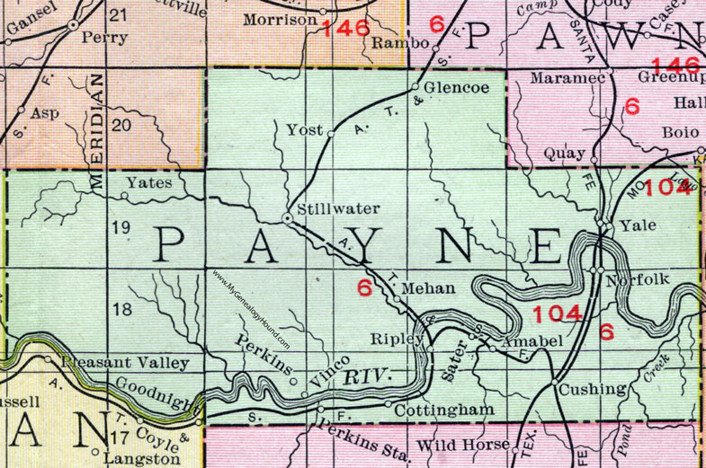 Payne County, Oklahoma 1911 Map, Rand McNally, Stillwater, Cushing, Perkins, Ripley, Yale, Glencoe, Yates, Norfolk, Mehan, Vinco, Cottingham, Sater, Amabel