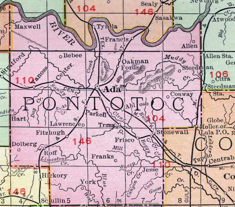 Pontotoc County, Oklahoma 1911 Map, Rand McNally, Ada, Roff, Allen, Stonewall, Ahloso, Francis, Lula, Vanoss, Center, Fitzhugh, Truax, Bebee, Dolberg, Maxwell