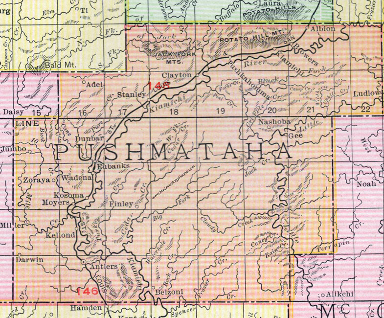 Pushmataha County, Oklahoma 1911 Map, Rand McNally, Antlers, Clayton, Albion, Pushkahomma, Moyers, Finley, Belzoni, Kosoma, Kellond, Darwin, Zoraya, Nashoba, Kiamichi