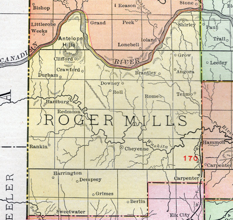 Roger Mills County, Oklahoma 1911 Map, Rand McNally, Cheyenne, Hammon, Durham, Crawford, Roll, Sweetwater, Dempsey, Grimes, Berlin, Carpenter, Redmoon, Texmo, Hamburg, Harrington