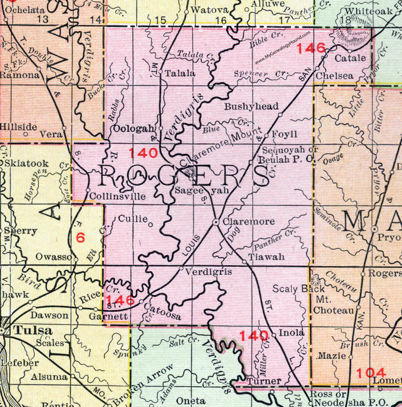 Rogers County, Oklahoma 1911 Map, Rand McNally, Claremore, Oologah, Chelsea, Talaha, Foyil, Catoosa, Inola, Bushyhead, Sequoyah, Tiawah, Cullie, Verdigris, Collinsville, Catale