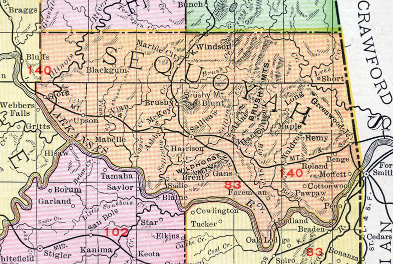 Sequoyah County, Oklahoma 1911 Map, Rand McNally, Sallisaw, Muldrow, Vian, Gans, Roland, Marble City, Gore, Moffett, Brushy, Ashby, Foreman, Pawpaw, Remy, McKey