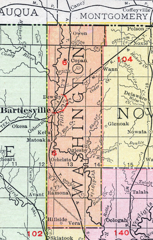 Washington County, Oklahoma 1911 Map, Rand McNally, Bartlesville, Dewey, Ramona, Copan, Hillside, Keba, Matoaka, Ochelata, Oglesby, Osborne, Owen, Vera