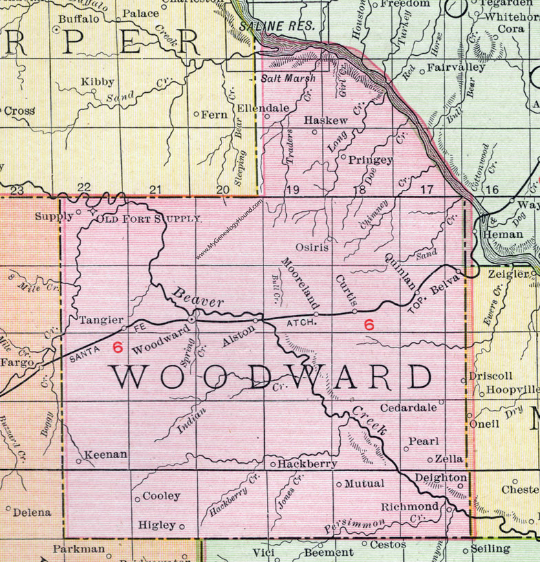 Woodward County, Oklahoma 1911 Map, Rand McNally, City of Woodward, Fort Supply, Mooreland, Mutual, Tangier, Keenan, Cooley, Higley, Deighton, Zella, Hackberry, Pringey, Haskew, Osiris, Quinlan, Alston