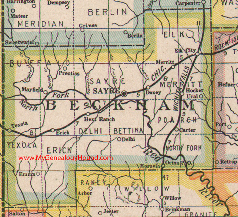 Beckham County, Oklahoma 1922 Map Sayre, Elk City, Erick, Texola, Carter, Mayfield, Prentiss, Hext Ranch, Doxey, Delhi, OK