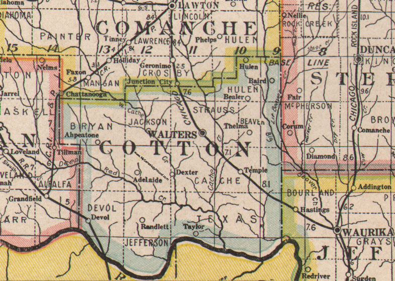 Cotton County, Oklahoma, 1922 Map, Walters, Randlett, Temple, Devol, Adelaide, Taylor, Thelma, Bealer, Hulen, Baird, Ahpeatone, Dexter