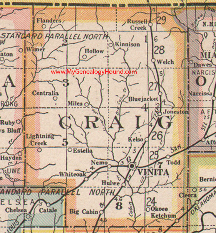 Craig County, Oklahoma 1922 Map Vinita, Ketchum, Big Cabin, Bluejacket, Welch, Centralia, Kelso, Nemo, Todd, OK