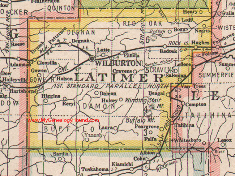 Latimer County, Oklahoma 1922 Map Wilburton, Lutie, Panola, Red Oak, Yanush, Salonian, Degnan, Falfa, Gowen, OK