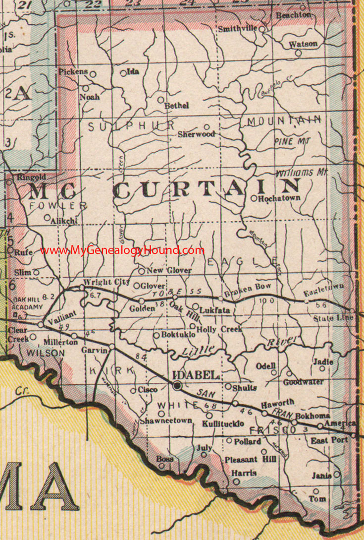 McCurtain County Oklahoma Map 1922 Idabell, Broken Bow, Eagletown, Millerton, Valliant, Wright City, Haworth, Smithville, Watson, Bethel, OK
