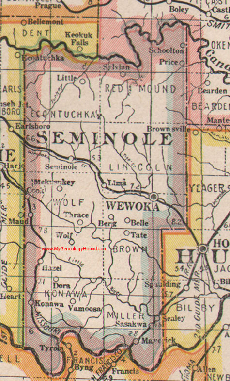 Seminole County, Oklahoma, 1922, Map, Wewoka, OK, Konawa, Maud, Sasakwa, Maverick, Vamoosa