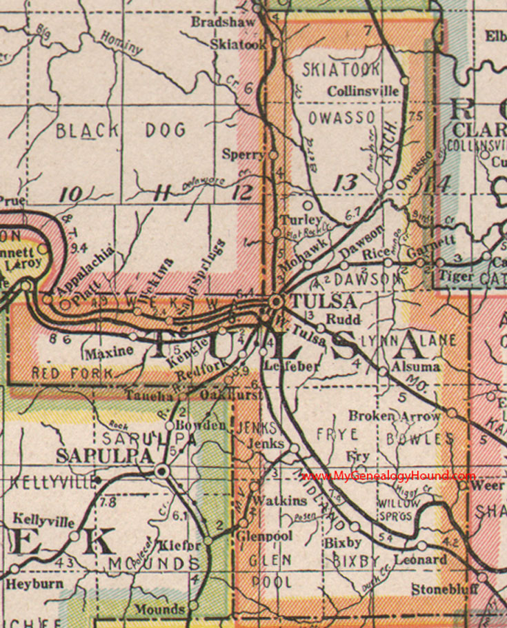 Tulsa County, Oklahoma, 1922, Map, Broken Arrow, Sand Springs, Alsuma, Owasso, Collinsville, Skiatook, Sperry, Turley, Oakhurst, Glenpool, Bixby, OK