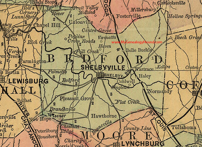 Bedford County, Tennessee 1888 Map Shelbyville, Belle Buckle, Wartrace, Vannatta, Singleton, Palmetto, Wisener, Normandy, Beasleys, TN