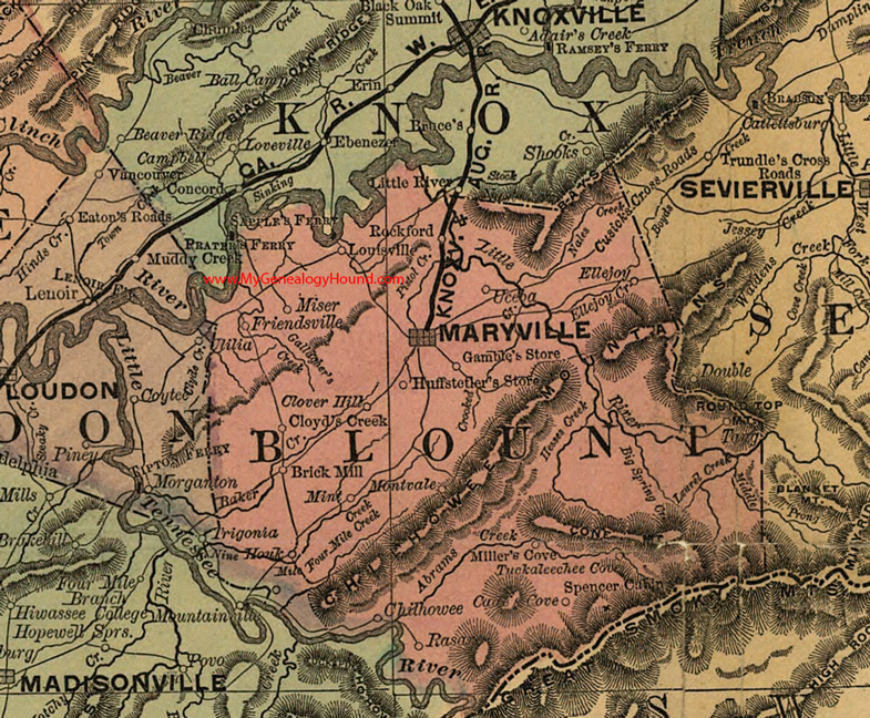 Blount County, Tennessee 1888 Map Maryville, Miser, Friendsville, Houk, Chilhowee, Ellejoy, Louisville, Rockford, Tagg, TN