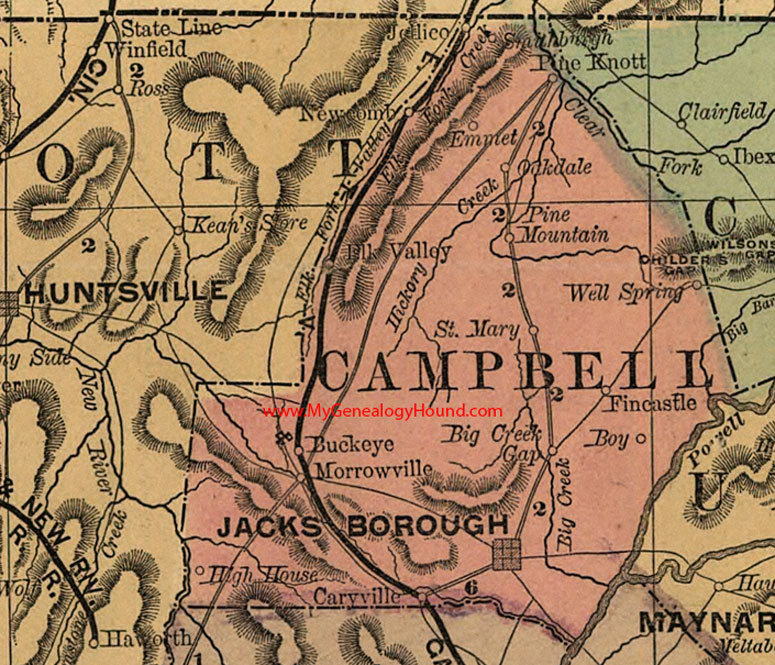 Campbell County, Tennessee 1888 Map Jacksboro, Caryville, Pine Knot, Jellico, Smithburgh, Emmet, Oakdale, St. Mary, Morrowville, Fincastle, TN