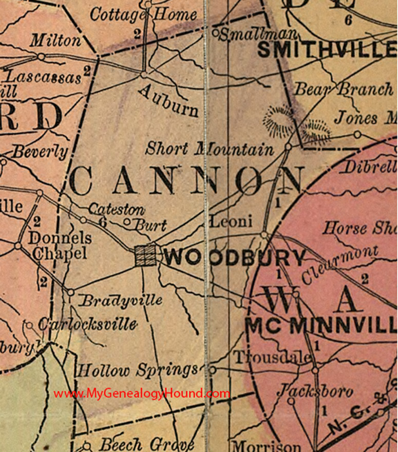 Cannon County, Tennessee 1888 Map Woodbury, Hollow Springs, Bradyville, Leoni, Burt, Cateston, Short Mountain, Auburn, Smallman, TN
