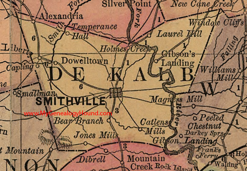DeKalb County, Tennessee 1888 Map Smithville, Alexandria, Liberty, Capling, Dowelltown, Temperance Hall, Jones Mills, Magness Mill, Catlens Mill, TN