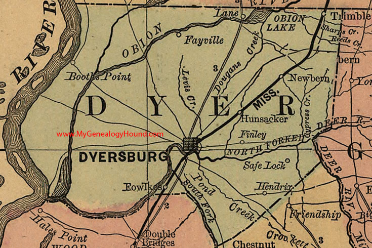 Dyer County, Tennessee 1888 Map Dyersburg, Newbern, Trimble, Fowlkes, Lane, Fayville, Hunsacker, Finley, Hendrix, TN