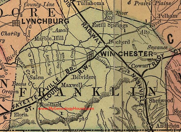 Franklin County, Tennessee 1888 Map Winchester, Cowan, Sewanee, Decherd, Estill Springs, Huntland, Sherwood, Anderson, Maxwell, TN