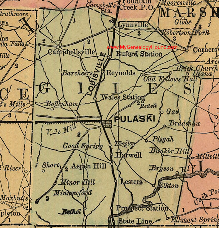 Giles County, Tennessee 1888 Map Pulaski, Lynnville, Reynolds, Bradshaw, Tarpley, Diana, Campbellsville, Barcheers, Bodenham, TN