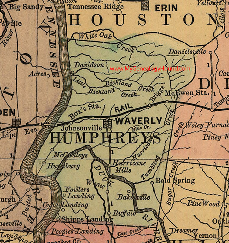 Humphreys County, Tennessee 1888 Map Waverly, McEwen Station, Johnsonville, Davidson, Briggs, Johnsonville, Box's Station, McCauleys, Hurstburg, TN