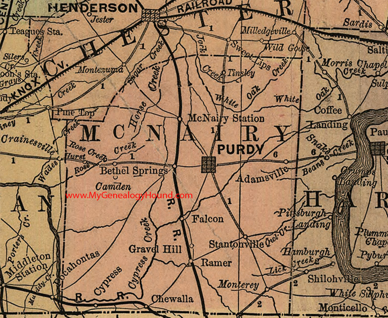 McNairy County, Tennessee 1888 Map Purdy, Adamsville, Bethel Springs, Camden, Falcon, Ramer, Chewalla, Tinsley, Monterey, TN