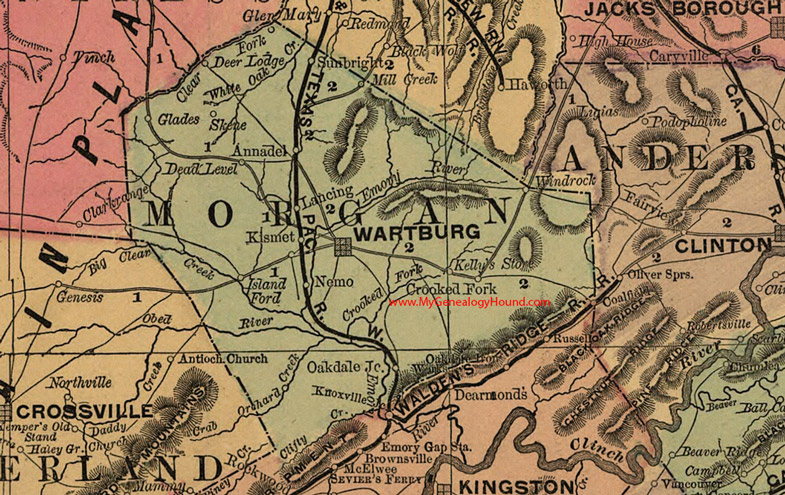 Morgan County, Tennessee 1888 Map Wartburg, Sunbright, Oakdale Junction, Kismet, Lancing, Deer Lodge, Annadel, Skene, Nemo, TN