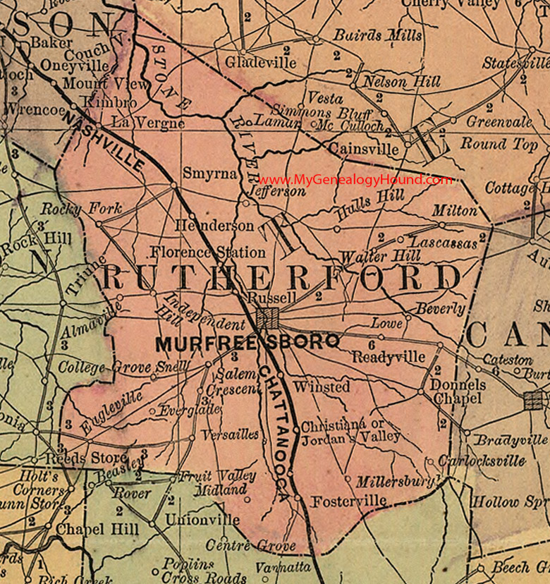Rutherford County, Tennessee 1888 Map Murfreesboro, Smyrna, La Vergne, Henderson, Winsted, Lowe, Eagleville, Milton, Lamar, TN