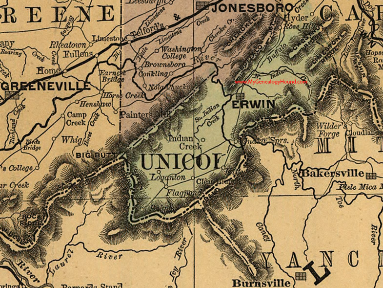 Unicoi County, Tennessee 1888 Map Erwin, Loganton, Indian Creek, Rose Hill, Flagpond, Unaka Spring, Briggs, Clear Branch, TN