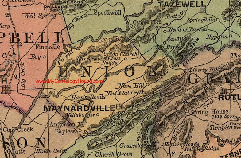 Union County, Tennessee 1888 Map Maynardville, New Prospect, Union Church, Harversons Crossroads, Nave Hill, New Flat Creek, Haw's Roads, Bayless, Meltabarger, TN