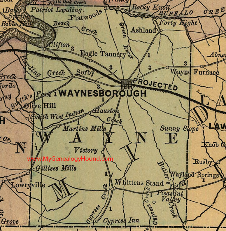 Wayne County, Tennessee 1888 Map Waynesborough, Clifton, Sorby, Houston, Victory, Wayne Furnace, Forty Eight, Martins Mills, TN
