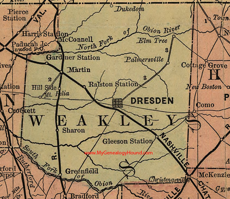 Weakley County, Tennessee 1888 Map Dresden, Martin, Greenfield, Gleason, Sharon, Palmersville, Ralston Station, Dukedom, Mt. Helia, TN