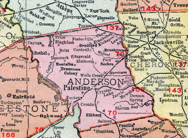 Anderson County, Texas, 1911, Map, Rand McNally, Palestine, Elkhart, Tennessee Colony, Frankston, Montalba, Neches, Cayuga