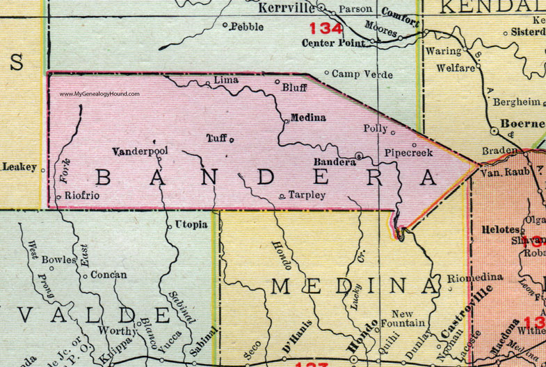 Bandera County, Texas, 1911, Map, Rand McNally, City of Bandera, Pipe Creek, Medina, Vanderpool, Tarpley, Riofrio, Tuff Bandera County, Texas, 1911, Map, Rand McNally, City of Bandera, Pipe Creek, Medina, Vanderpool, Tarpley, Riofrio, Tuff
