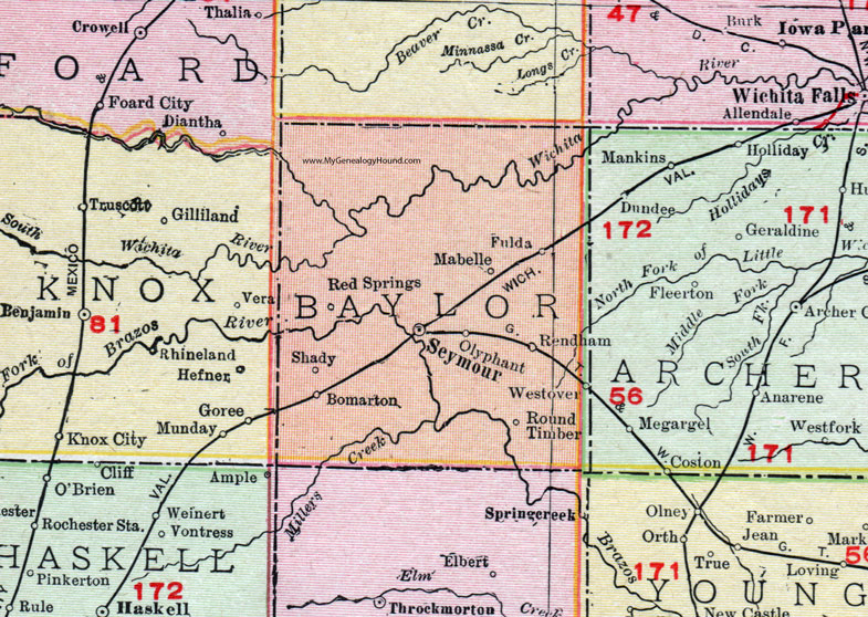 Baylor County, Texas, 1911, Map, Rand McNally, Seymour, Bomarton, Rendham, Fulda, Mabelle, Olyphant, Westover, Red Springs Baylor County, Texas, 1911, Map, Rand McNally, Seymour, Bomarton, Rendham, Fulda, Mabelle, Olyphant, Westover, Red Springs