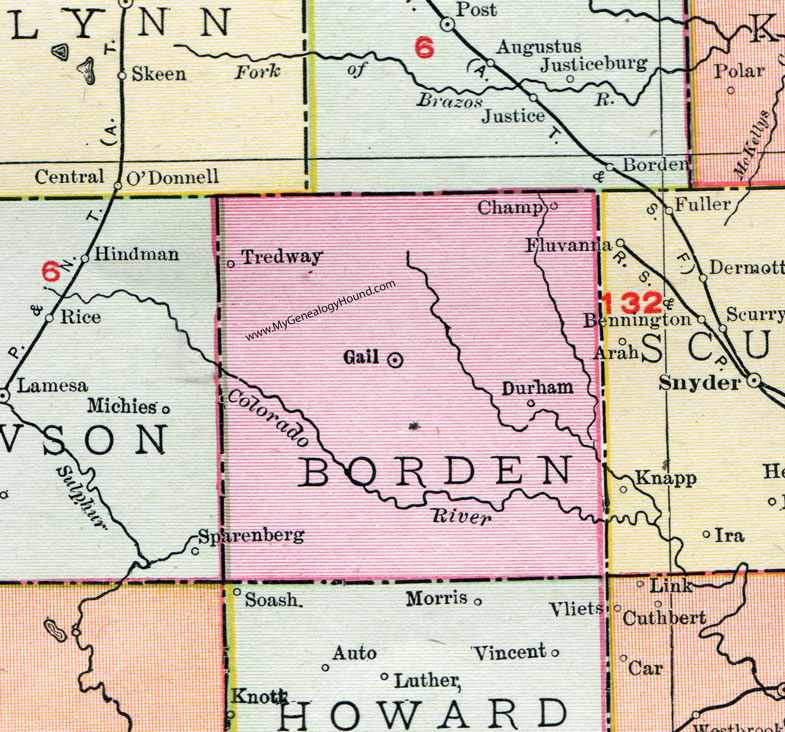 Borden County, Texas, Map, 1911, Gail, Champ, Durham, Tredway Borden County, Texas, Map, 1911, Gail, Champ, Durham, Tredway