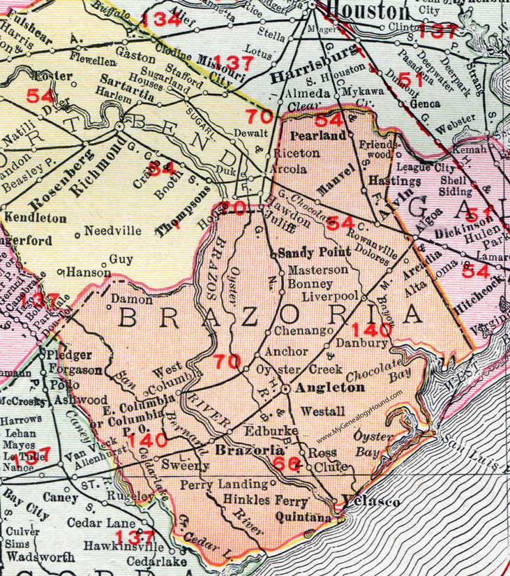 Brazoria County, Texas, Map, 1911, Angleton, Brazoria City, Alvin, West Columbia, Sweeny, Velasco