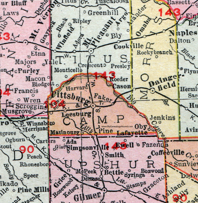 Camp County, Texas, 1911, Map, Rand McNally, Pittsburg, Leesburg, Newsome, Matinburg, Oby, Faker, Harvard, Pine Camp County, Texas, 1911, Map, Rand McNally, Pittsburg, Leesburg, Newsome, Matinburg, Oby, Faker, Harvard, Pine