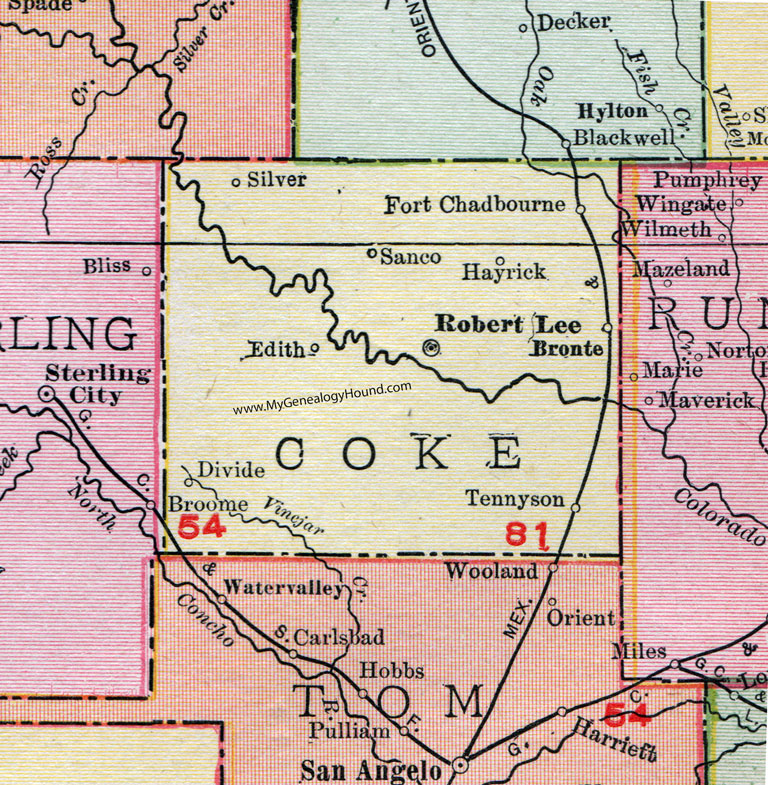 Coke County, Texas, Map, 1911, Robert Lee, Bronte, Silver, Edith, Fort Chadbourne, Tennyson Coke County, Texas, Map, 1911, Robert Lee, Bronte, Silver, Edith, Fort Chadbourne, Tennyson